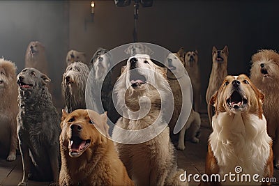 doggy choir, with group of canines singing to the heavens Stock Photo