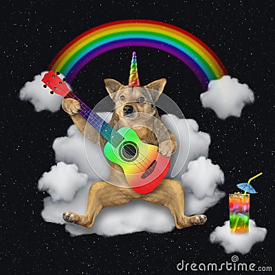 Dogicorn playing guitar on cloud Stock Photo