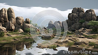 Dogon-inspired 3d Scene Atmospheric Oasis With Expansive Landscapes Stock Photo