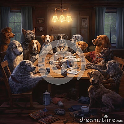 Dogs around a table Stock Photo