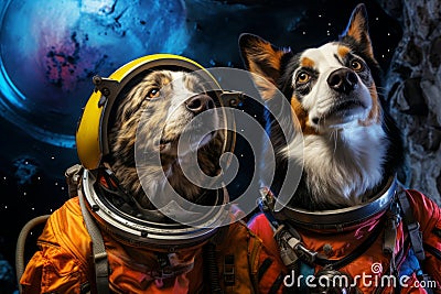 Dogs astronauts in spacesuits Stock Photo