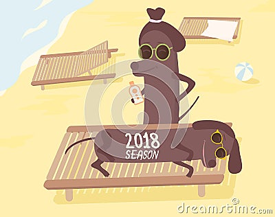Dogs on beach having summer fun. 2018 season letterning. Vector illustration Vector Illustration
