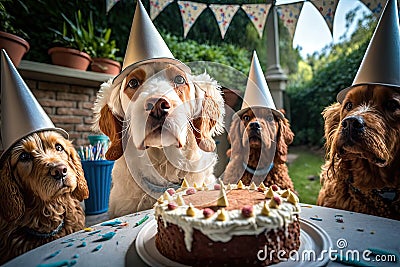 dogs in birthday caps sit at party. Illustration AI Generative Stock Photo