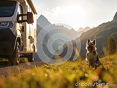 dogs camping in the car. Pets on vacation. Stock Photo