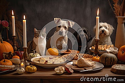 Dogs and Cats Sitting Around a Holiday Meal Table Generative AI Stock Photo