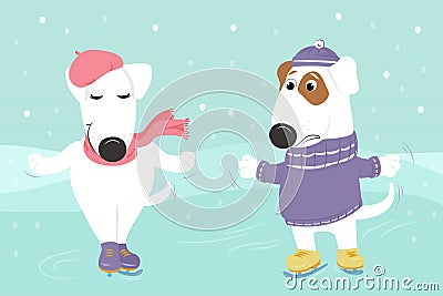 Dogs in clothes are skating under the snow. Vector Illustration