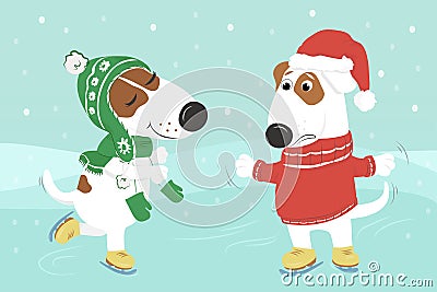 Dogs in clothes are skating under the snow. Vector Illustration