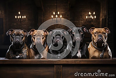 Dogs club. Group of bulldogs sitting at the bar Stock Photo