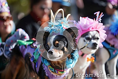 dogs in costumes with owners at pet parade Stock Photo