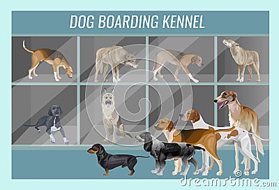 Dogs of different breeds in a dog kennel Vector Illustration