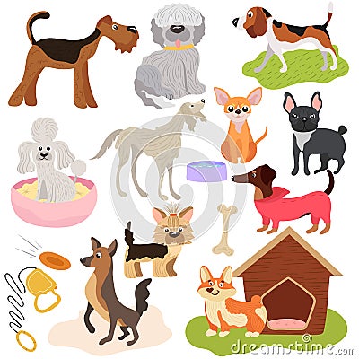 Dogs of different breeds, puppy set cute pets, vector illustration. Funny animals cartoon characters, playful puppy Vector Illustration