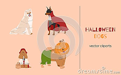 Dogs in different Halloween costume. Ghost, vampire, little girl and scarecrow. Happy Halloween vector illustration Vector Illustration