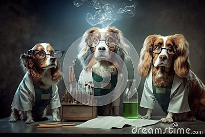 Dogs dressed as scientists doing a chemical experiment, created with Generative AI technology Stock Photo