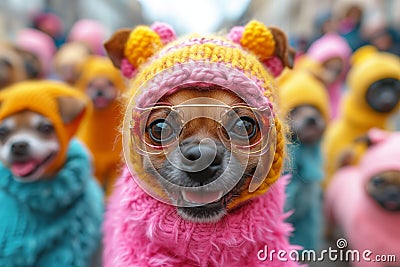 Dogs in Easter Bonnets Pose for a Charming Holiday Portrait, Furry Faces of Spring Stock Photo