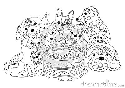 Dogs happy birthday party with big cake, hand drawn vector illustration Vector Illustration