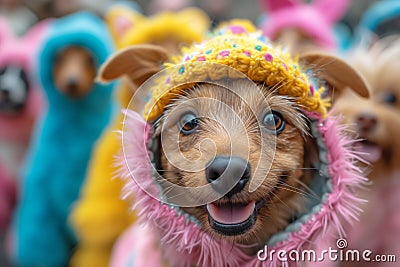 Dogs in Hooded Costumes Share the Joy of the Holiday, Easter's Furry Friends Stock Photo