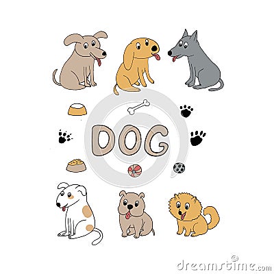 dogs icon set. hand drawn doodle. vector, cartoon, minimalism. pet, animal, cute, funny, bowl, food, ball, footprints Vector Illustration