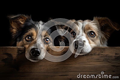 dogs looking out of a wooden box, isolated on black background, Cute dogs peeking over a wooden board, AI Generated Stock Photo