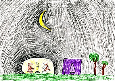 Dogs at night. child's drawing. Stock Photo