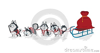 Dogs with numbers 2018 sled team and chrismas bag . Vector Illustration