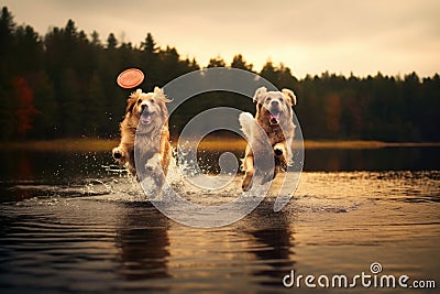 dogs paws splashing water while catching frisbee at lake Stock Photo