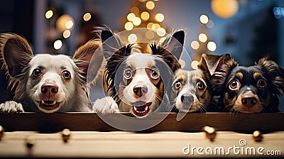 A dogs peeking over wooden edge. Web promotional banner for pet shop or vet clinic. Background with cute pets. Stock Photo