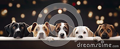 A dogs peeking over wooden edge. Web promotional banner for pet shop or vet clinic. Background with cute pets. Stock Photo