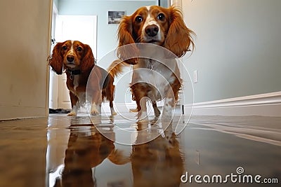 dogs reflection in a puddle of drool, treat nearby Stock Photo