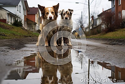 dogs reflection in a puddle on a rainy day walk Stock Photo
