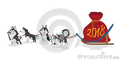 Dogs sled team and chrismas bag with numbers 2018. White background Vector Illustration