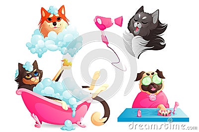 Dogs spa and grooming service, funny puppies set Vector Illustration