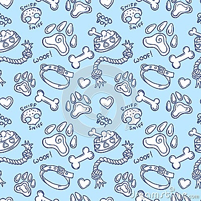 Dogs Stuff, doodle seamless pattern Vector Illustration