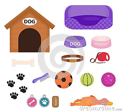 Dogs stuff icon set with accessories for pets, flat style, on white background. Puppy toy. Doghouse, collar Vector Illustration