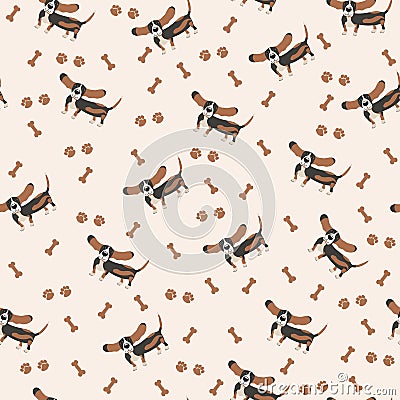 Dogs Vector Seamless pattern. Dog Basset Hound, bone, paw print. Vector Illustration