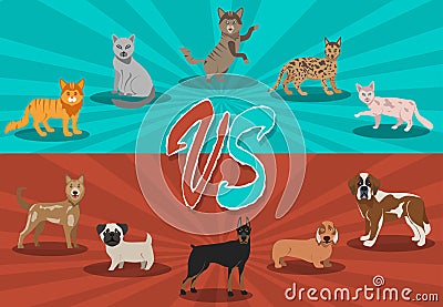 Dogs vs cats concept. Background with cute pets. Fight backgrounds comics style design Vector Illustration