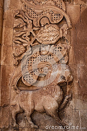 Dogubayazit, Turkey, Middle East, Ishak Pasha Palace, courtyard, lion, decorations, architecture, ancient, ornate Editorial Stock Photo