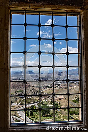 Dogubayazit, Turkey, Middle East, Ishak Pasha Palace, window, view, valley, architecture, ancient, viewpoint Editorial Stock Photo