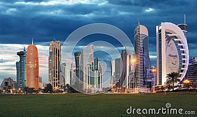 Doha city skyline city center at night, Qatar Editorial Stock Photo