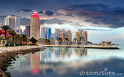 Doha city skyline city center at night, Qatar Stock Photo