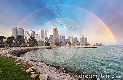 Doha city skyline city with rainbow, Qatar Stock Photo