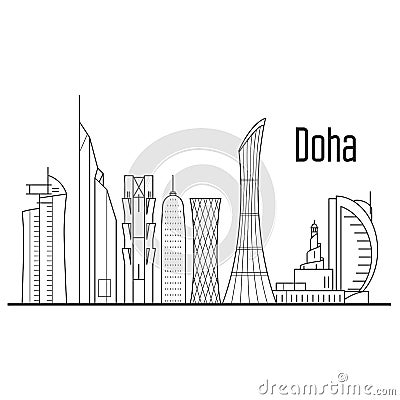 Doha city skyline - downtown cityscape, Qatar landmarks in liner Vector Illustration
