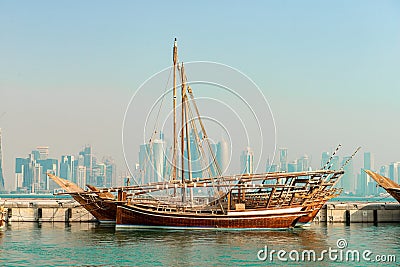 The traditional dhow on Doha Corniche Doha Editorial Stock Photo