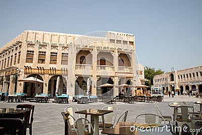 Doha, Qatar - March 2, 2020: View on outdoor cafe at traditional arabian market Souq Waqif Editorial Stock Photo