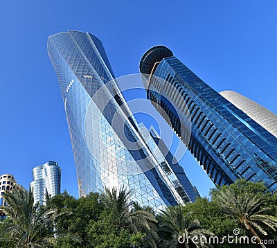 Doha, Qatar - Nov 24. 2019. Al Bidda Tower and World Trade Center on sky background Editorial Stock Photo