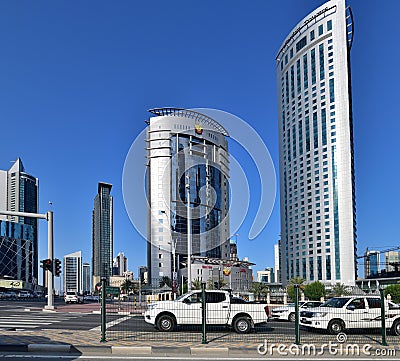 Doha, Qatar - Nov 24. 2019. Ministry of Justice and other skyscrapers at Omar Al Mukhtar Street Editorial Stock Photo