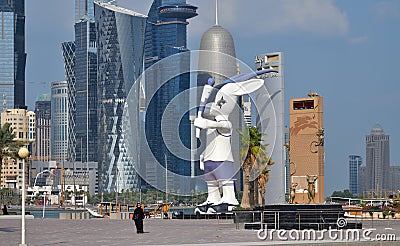 Doha, Qatar - Nov 21. 2019. Oryx Orry is the mascot of Asian sports at Corniche Waterfront Editorial Stock Photo