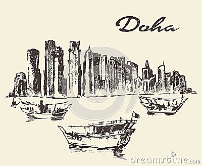 Doha skyline Dhow Qatar illustration drawn sketch Vector Illustration