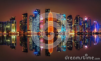 Doha Skyline at Night, Qatar Editorial Stock Photo