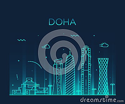 Doha skyline silhouette illustration linear style Vector Illustration
