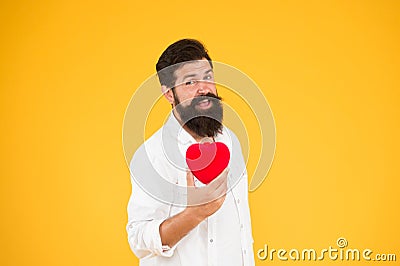 Doing more physical activity quitting smoking reducing amount alcohol. Healthy heart. Man bearded hipster hold red heart Stock Photo